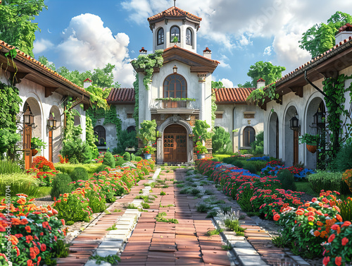 Mediterranean villa with vibrant garden and floral pathway under clear, blue skies, capturing a serene and picturesque ambiance