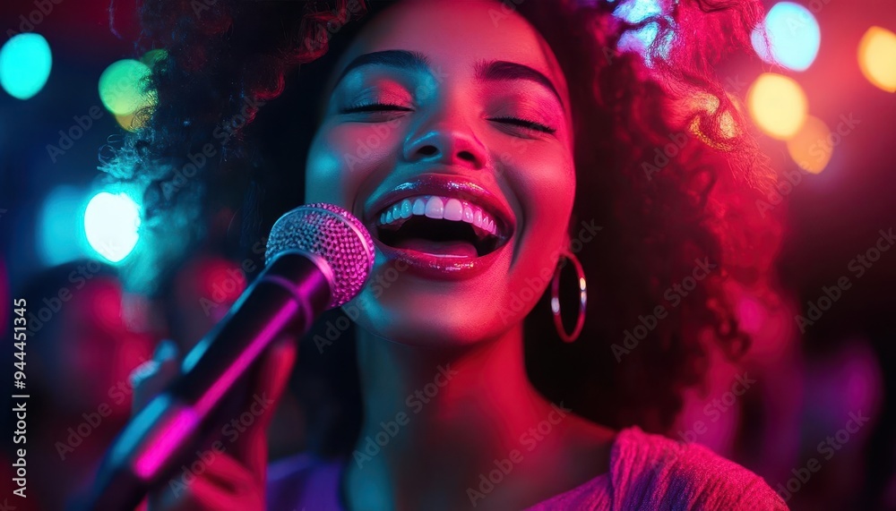Karaoke machine in action, with friends singing and laughing, Joyful, Bright, High Energy Karaoke machine in action, with friends singing and laughing, Joyful, Bright, High Energy
