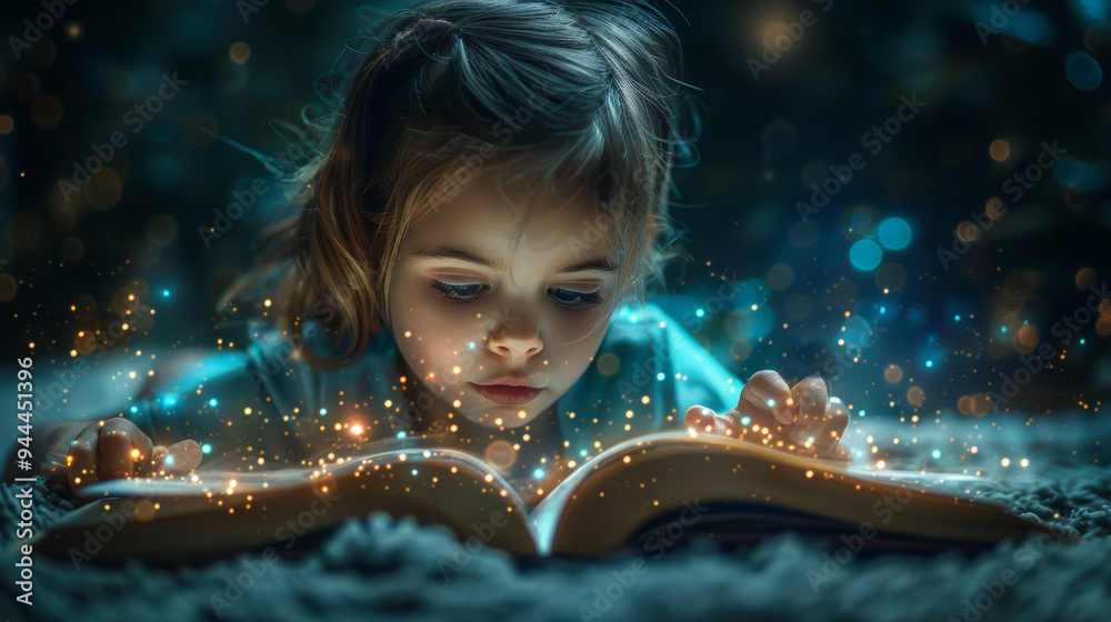 Little girl enchanted by a magical fairy tale book Little girl enchanted by a magical fairy tale book