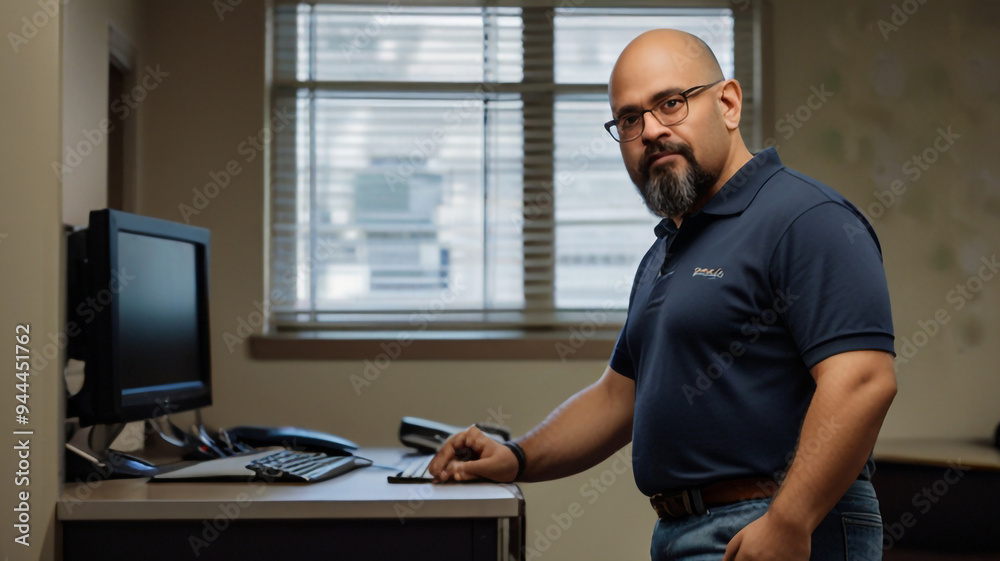 a man in a blue shirt stands in front of a computer monitor. a man in a blue shirt stands in front of a computer monitor.