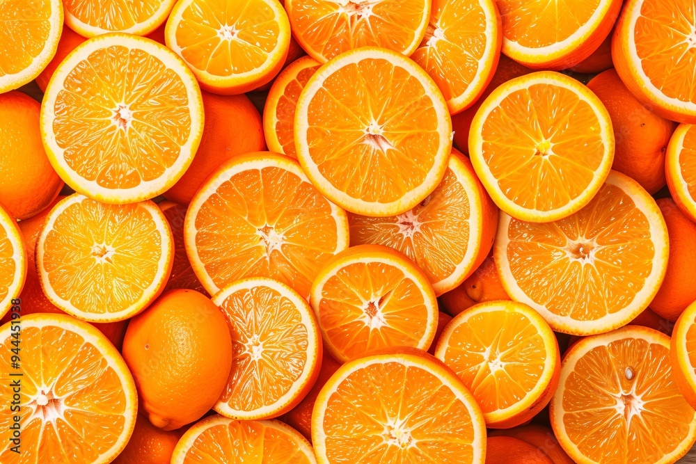 Sliced orage banner. sliced oranges background. overal plan food photography.