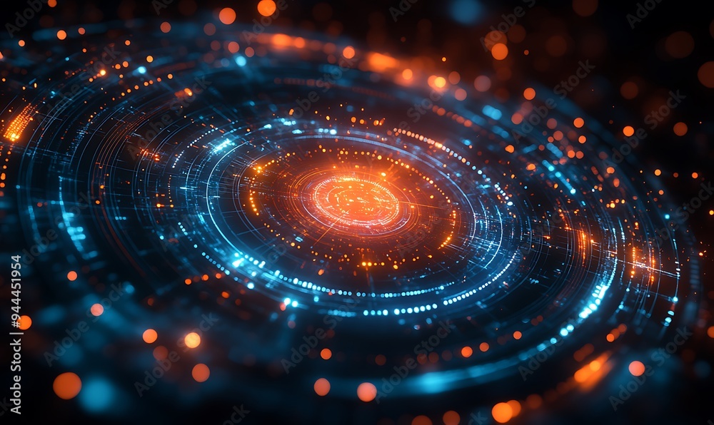 Abstract technology background with geometric circles and dots, simple vector illustration of abstract shapes in orange on a dark blue background design Abstract technology background with geometric circles and dots, simple vector illustration of abstract shapes in orange on a dark blue background design