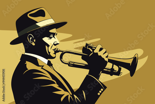 This image features a silhouette of a man wearing a hat, playing a trumpet, with a light background that emphasizes the artistic pose of the musician. Great emphasis on music and art
