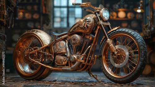 Intricately designed motorcycle with ornate details in a vintage workshop