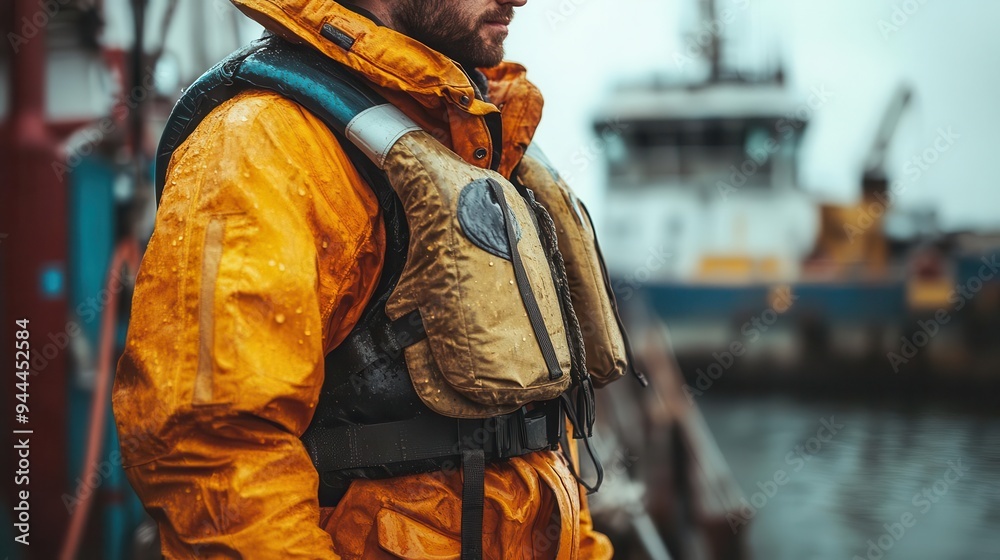 Obraz premium Sailor with a life jacket, standing on the deck of a ship, ready for an adventure, Adventurous, Bright, Detailed