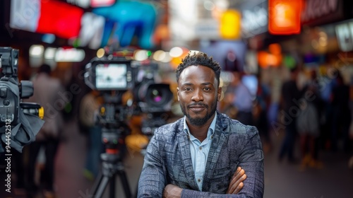 Confident black news presenter speaking in front of camera in bustling newsroom