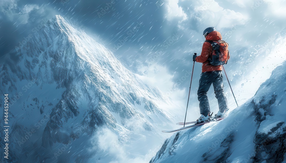 Skier with ski poles, standing on a snowy mountain, ready to hit the slopes, Adventurous, Bright, High Energy