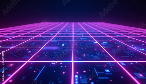 Wallpaper Mural Futuristic glowing grids in neon purple and electric blue appear to float against a deep dark background evoking a sci-fi atmosphere. Torontodigital.ca