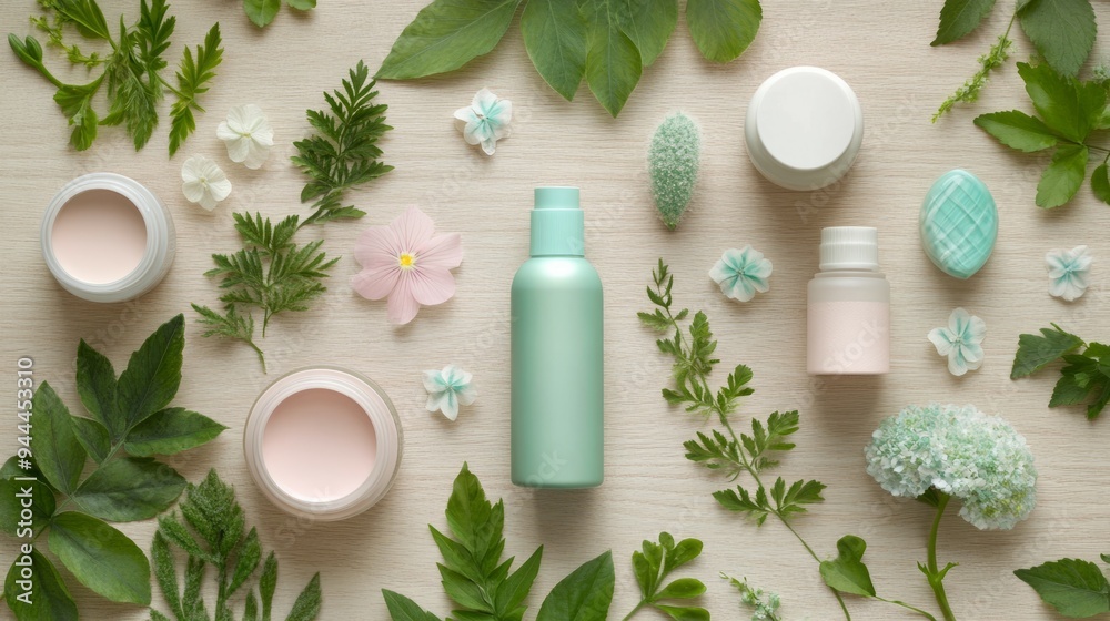 Natural skincare arrangement with leaves and flowers on a light wooden surface Natural skincare arrangement with leaves and flowers on a light wooden surface