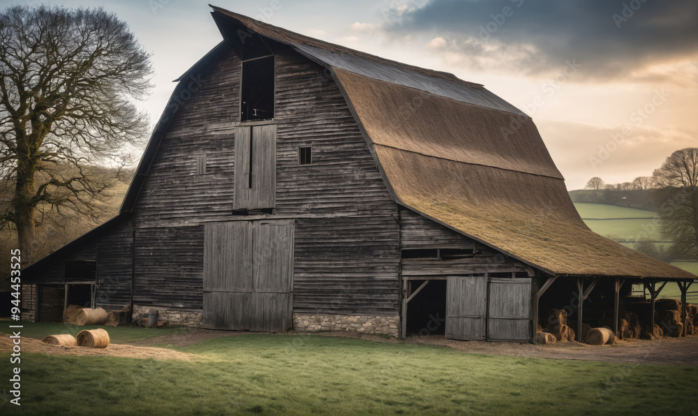 A weathered wooden barn stands in a field, hay bales lie scattered nearby, and a lone tree stands tall in the foreground A weathered wooden barn stands in a field, hay bales lie scattered nearby, and a lone tree stands tall in the foreground