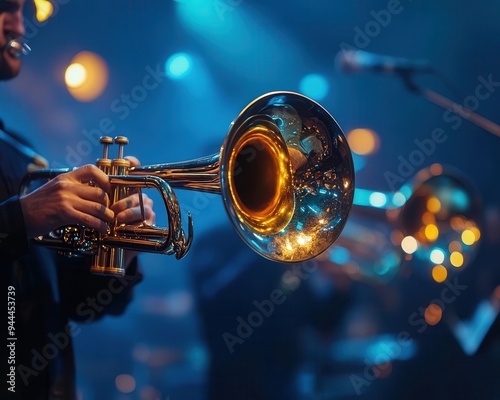 Trombone in action, with a musician performing in a lively band, Dynamic, Bright, High Energy