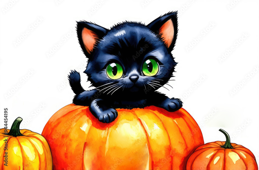 funny cute kitten sits on pumpkin, autumn harvest and Halloween illustration funny cute kitten sits on pumpkin, autumn harvest and Halloween illustration