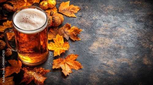 Autumn beer arrangement with colorful leaves and pine cones on a rustic table