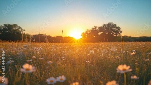 Golden sunrise over a meadow filled with vibrant wildflowers in springtime