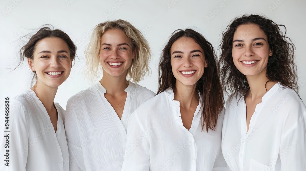 Four women smiling together in white shirts against a neutral background during a photo session in soft natural light Four women smiling together in white shirts against a neutral background during a photo session in soft natural light