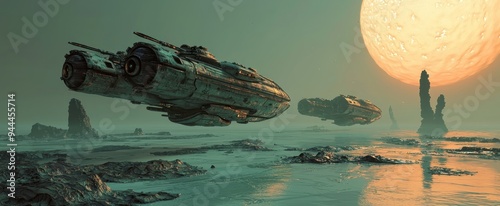 Futuristic sciFi battle space ships hover over an acid ocean of an alien planet, 3d render photo