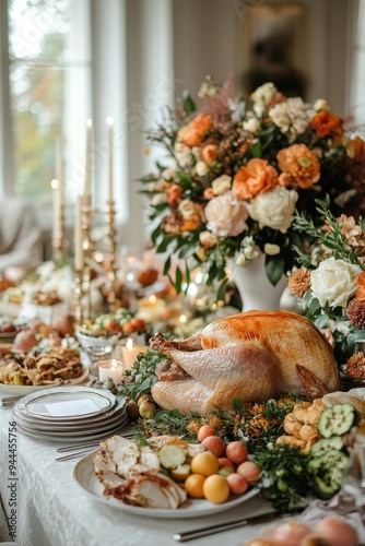 Thanksgiving feast with a beautifully roasted turkey and colorful autumn deco...