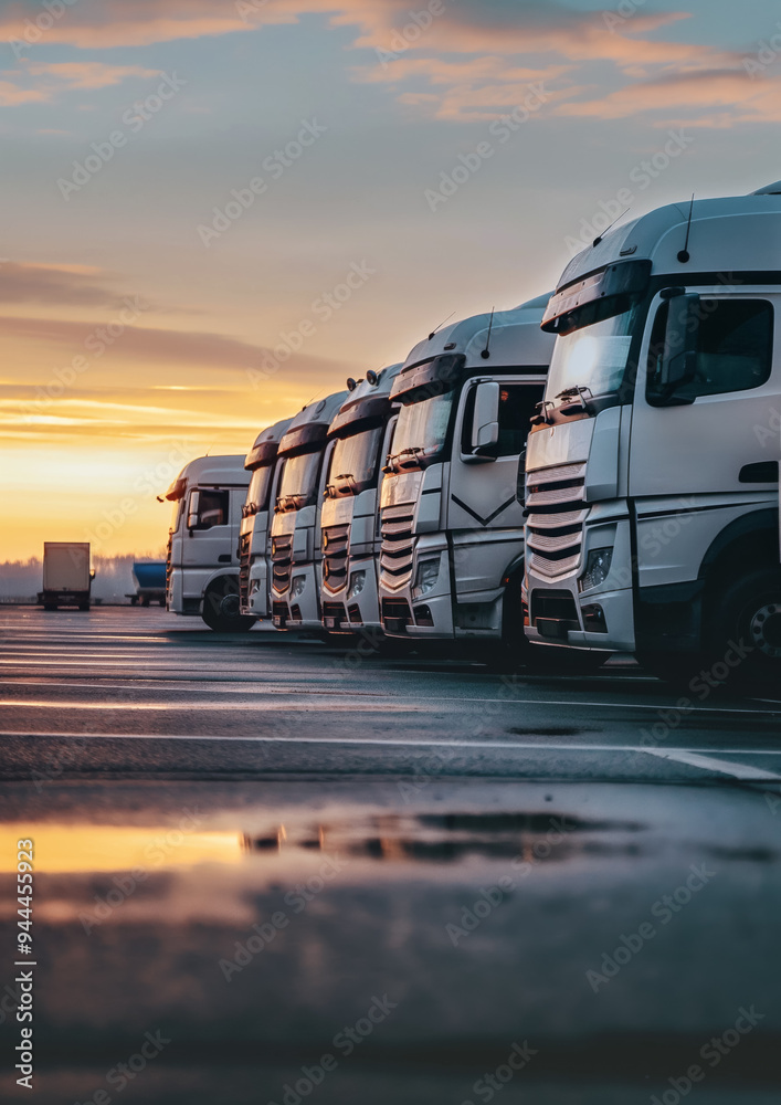 Cargo trailer trucks ready on parking lot in morning. Logistics and goods transport concept. Generative AI