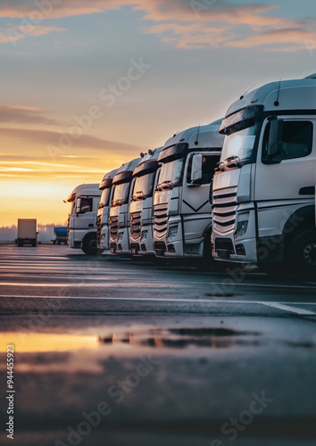 Obraz na płótnie Cargo trailer trucks ready on parking lot in morning. Logistics and goods transport concept. Generative AI w salonie