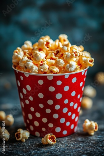 Popcorn scattered on red velvet against a blue curtain in a cozy cinema setting