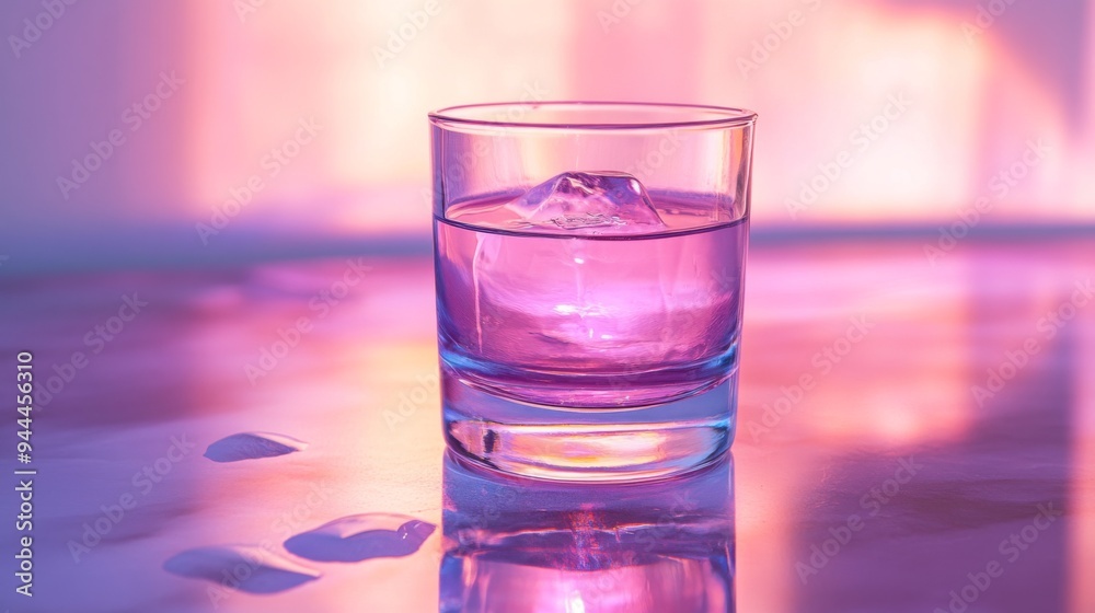 Glass of Water with Ice Cubes in Pink and Purple Light Glass of Water with Ice Cubes in Pink and Purple Light