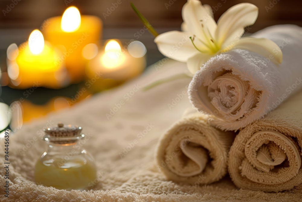 Spa elements, stack of white towels, burning candles in a glass jar, white archidea. Cozy atmosphere, lifestyle, hygge concept Spa elements, stack of white towels, burning candles in a glass jar, white archidea. Cozy atmosphere, lifestyle, hygge concept