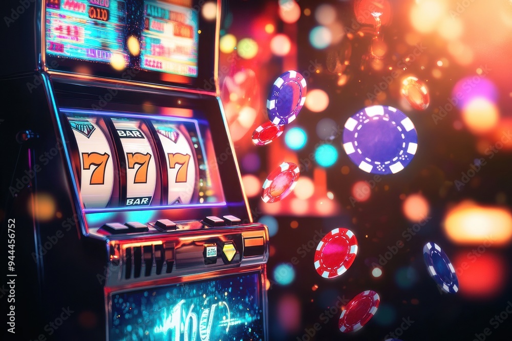 A vibrant slot machine showing a jackpot win with colorful casino chips flying through the air. A vibrant slot machine showing a jackpot win with colorful casino chips flying through the air.