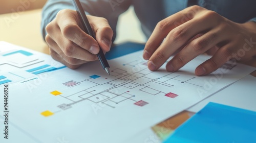 Close-up of hands drawing a detailed plan with a pen on paper, planning and creative process concept.