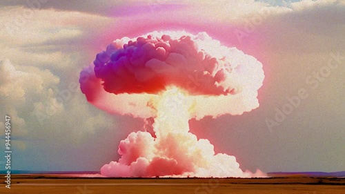 big colored explosion forming a mushroom cloud in the sky, big nuclear bomb explosion