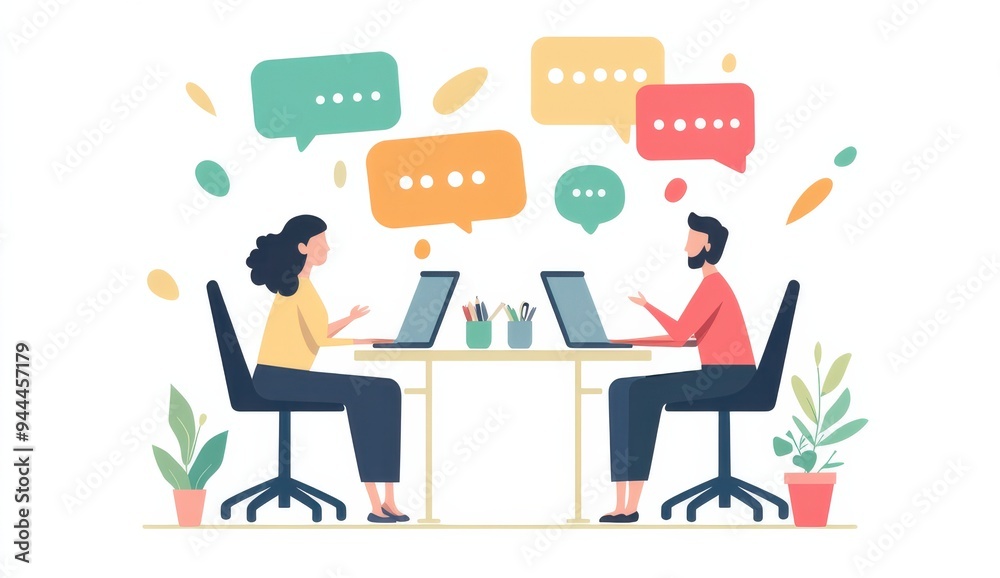 Illustration of a creative brainstorming or conversation session at a table. Illustration of a creative brainstorming or conversation session at a table.