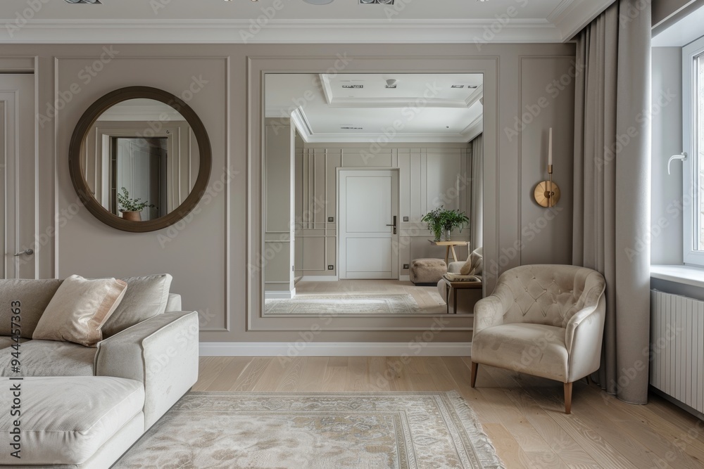 Elegant living room with large mirror and comfortable seating in a modern home Elegant living room with large mirror and comfortable seating in a modern home