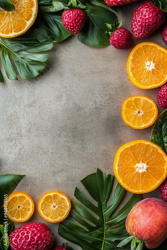 Refreshing citrus drinks paired with tropical flowers and fresh fruit on a te...