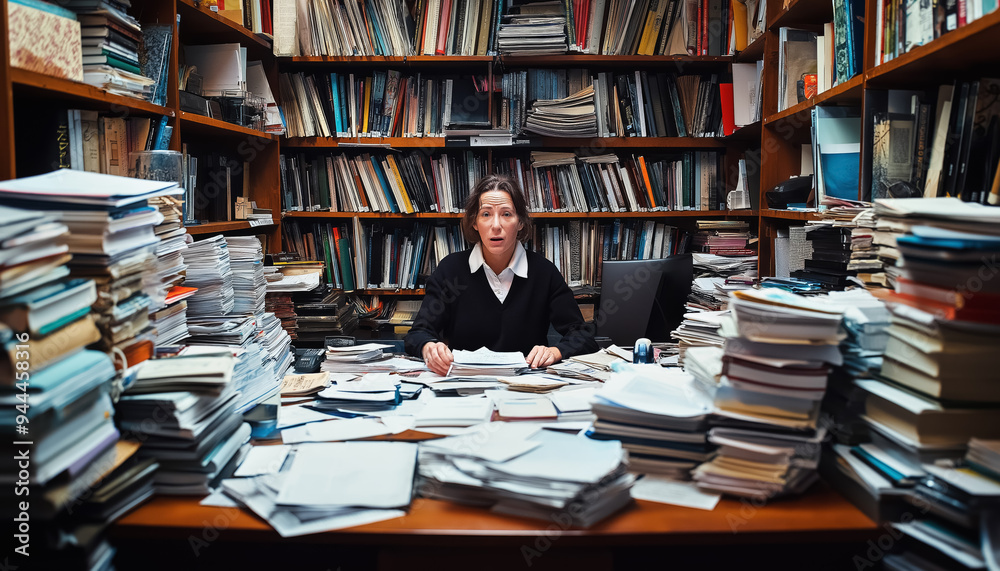 Office worker overwhelmed with work, piles of paper and clutter around her all over the desk. Generative AI Office worker overwhelmed with work, piles of paper and clutter around her all over the desk. Generative AI