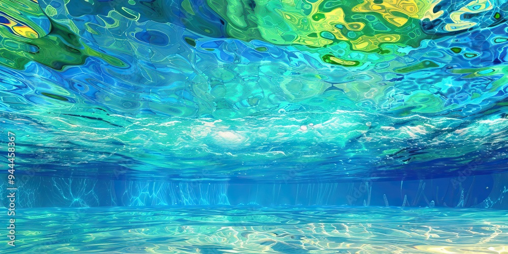 Fototapeta premium An abstract underwater scene in aquatic blues and greens enhances a poolside or beach setting.