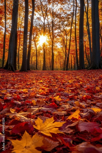 Vibrant autumn landscape with colorful leaves covering the forest floor in th...