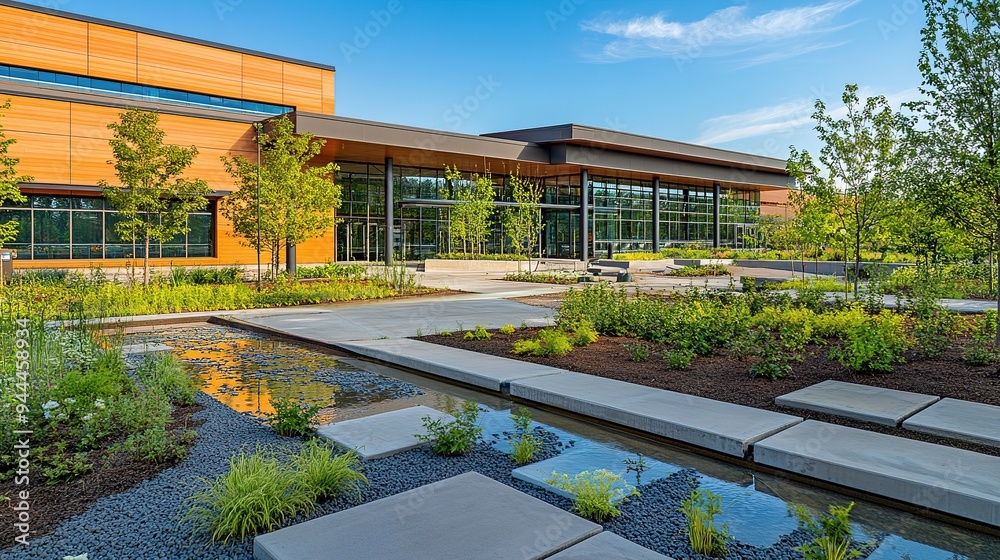 A green building with a water conservation system featuring permeable pavements and water-retention landscaping A green building with a water conservation system featuring permeable pavements and water-retention landscaping