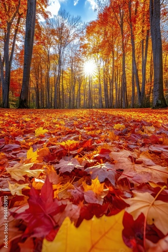 Vibrant autumn landscape with colorful leaves covering the forest floor in th...