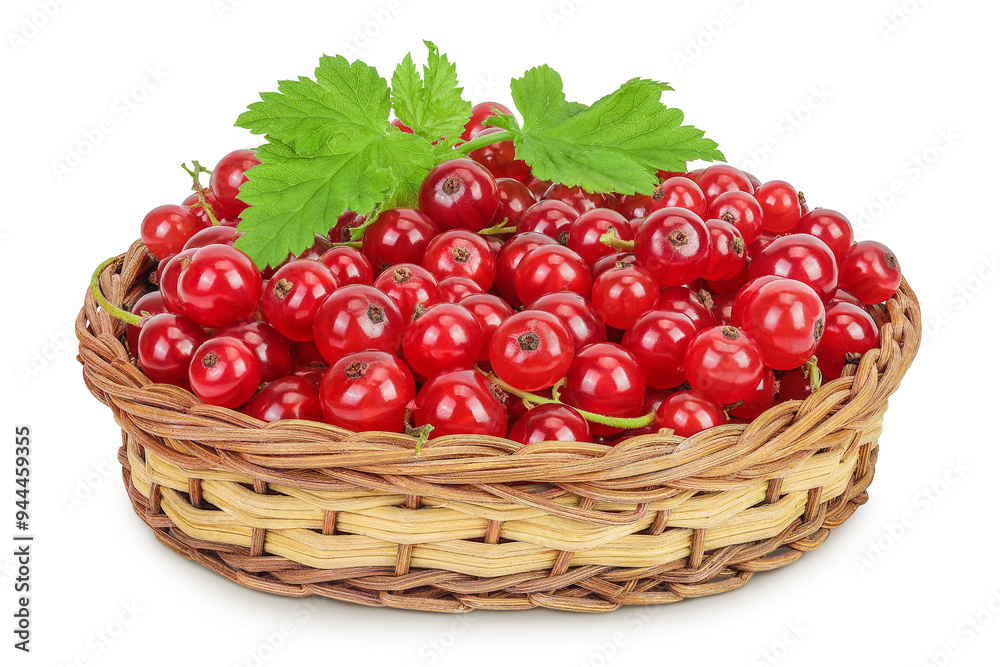 Red currant berries in a wicker basket with leaf isolated on white background Red currant berries in a wicker basket with leaf isolated on white background