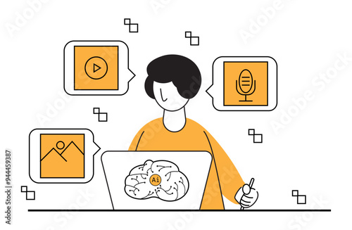 person engaging with the AI interface on the laptop. Multimedia icons are displayed in speech bubbles, emphasizing the active processing and interaction with different types of digital content