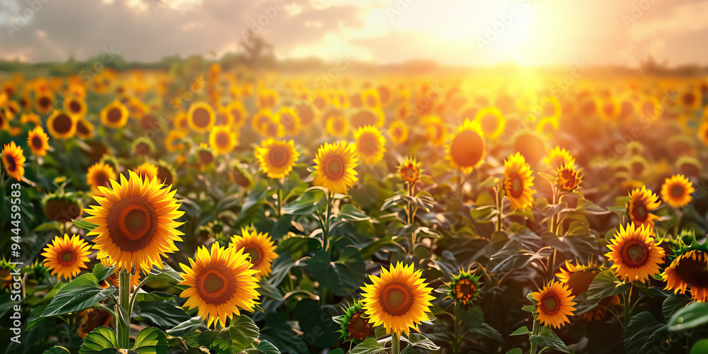 Obraz premium A vibrant sunflower field stretching as far as the eye can see, with the sun's rays casting a golden hue over the blossoms.
