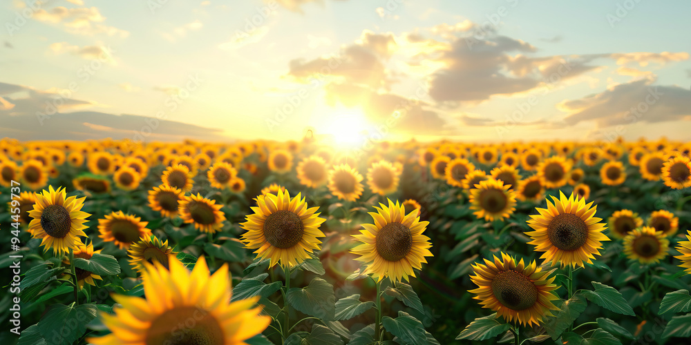 Fototapeta premium A vibrant sunflower field stretching as far as the eye can see, with the sun's rays casting a golden hue over the blossoms.