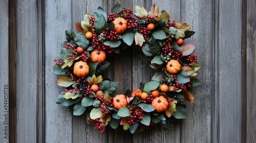 Autumn wreath with pumpkins and berries adorning a wooden door in a festive d...
