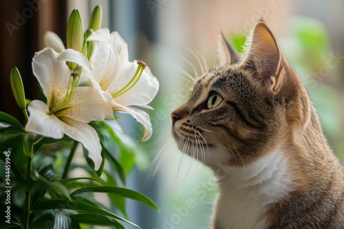 Cat observing white lilies by a window - flowers toxic to cats