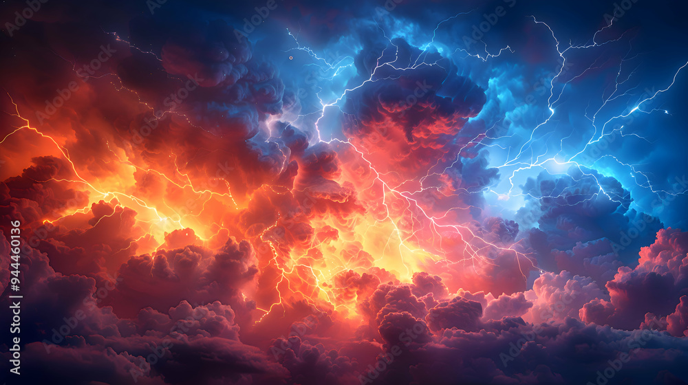 A stormy sky where 2D lightning bolts transition into 3D thunderclouds, captured with a fast shutter speed to freeze motion. A stormy sky where 2D lightning bolts transition into 3D thunderclouds, captured with a fast shutter speed to freeze motion.