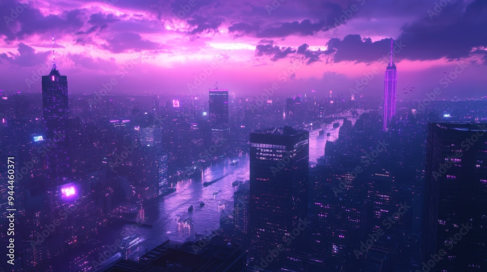 Fototapeta premium Futuristic cityscape at sunset