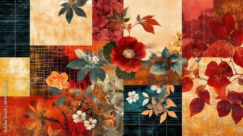 japaneseinspired floral pattern collage rich textures and colors photo