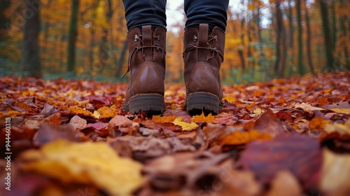 Walking through colorful autumn leaves on a misty forest path in the morning ...