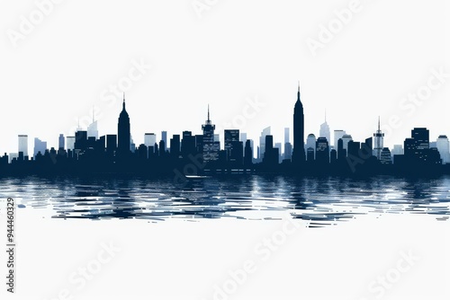 New York City skyline silhouette reflecting on water with iconic buildings and clear horizon backdrop