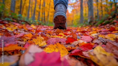 Walking through colorful autumn leaves on a misty forest path in the morning ...