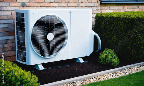 A white air conditioner unit sits next to a brick wall and green shrubbery photo